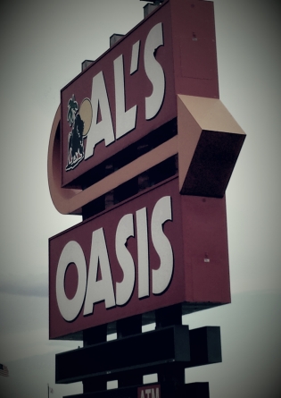 The Al's Oasis sign at Oacoma, with the legendary buffalo mascot.